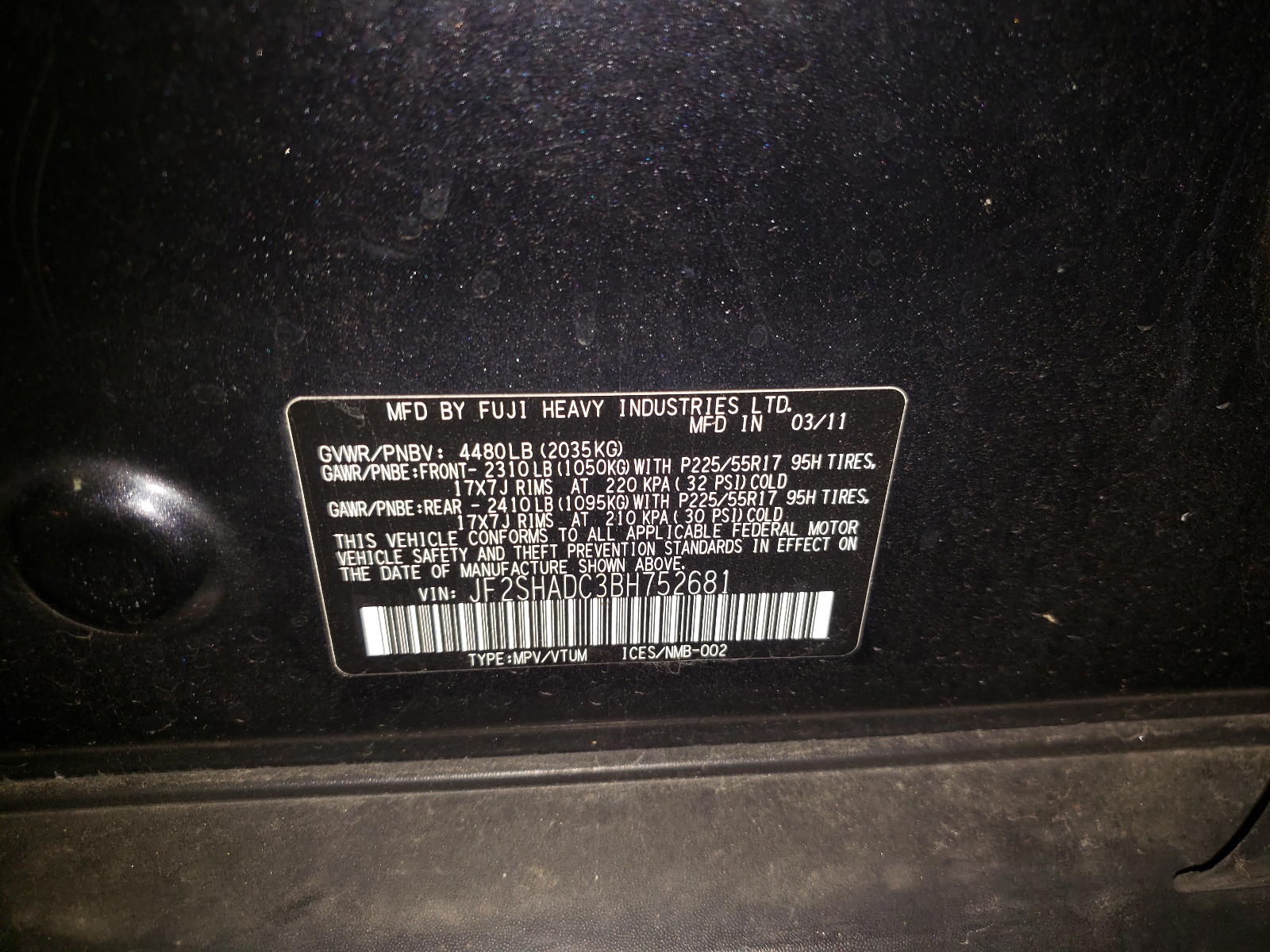 Photo 10 from auction – 2011 SUBARU FORESTER 2 with VIN JF2SHADC3BH752681
