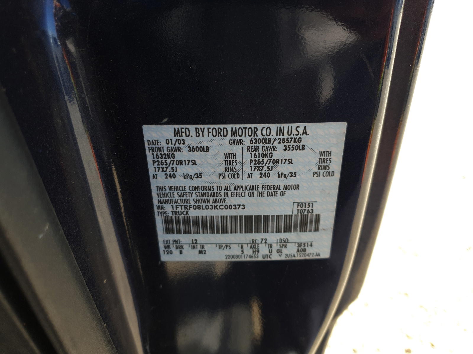 Photo 10 from auction – 2003 FORD F150 with VIN 1FTRF08L03KC00373