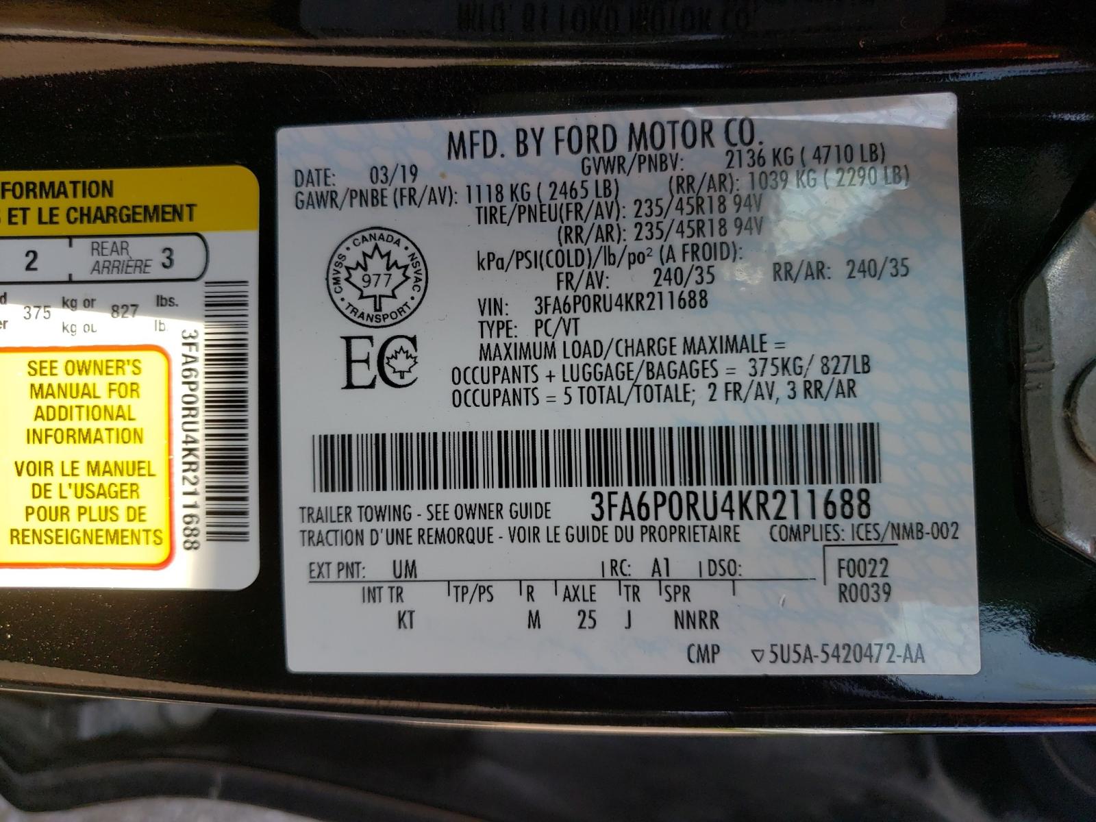Photo 10 from auction – 2019 FORD FUSION with VIN 3FA6P0RU4KR211688