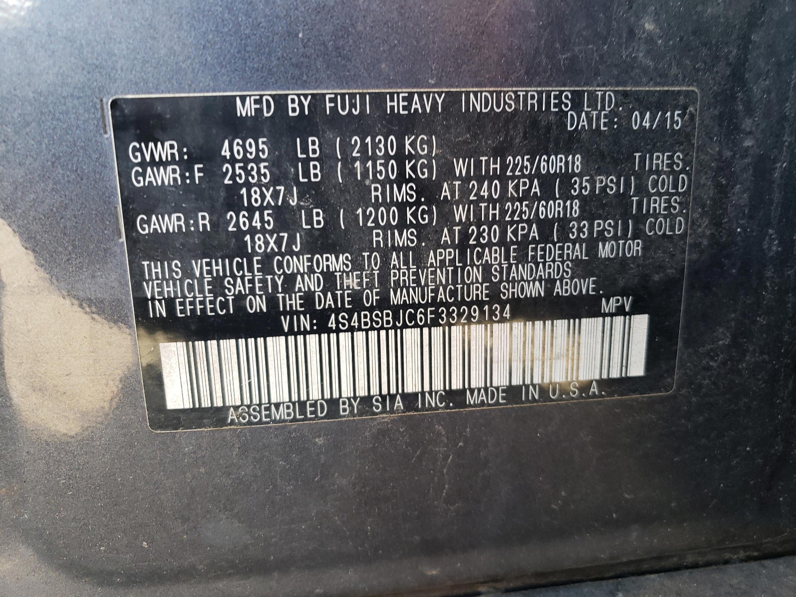 Photo 10 from auction – 2015 SUBARU OUTBACK 2. with VIN 4S4BSBJC6F3329134