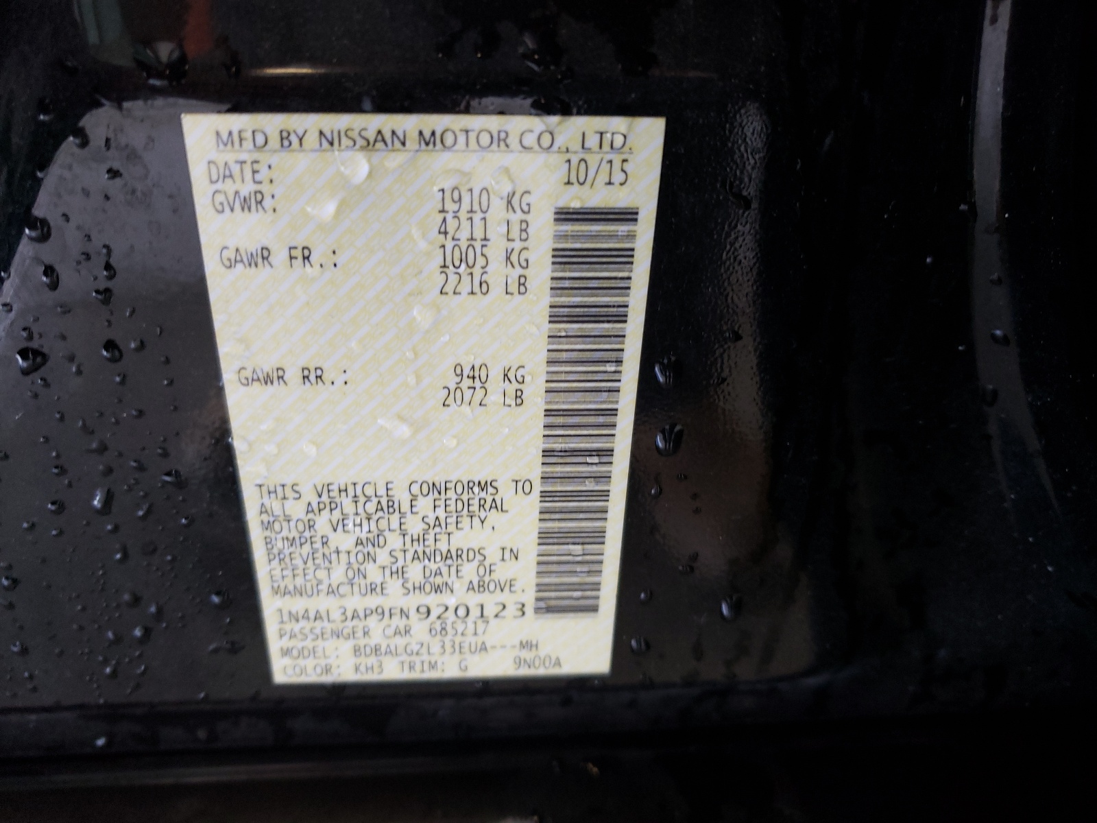 Photo 10 from auction – 2015 NISSAN ALTIMA 2.5 with VIN 1N4AL3AP9FN920123