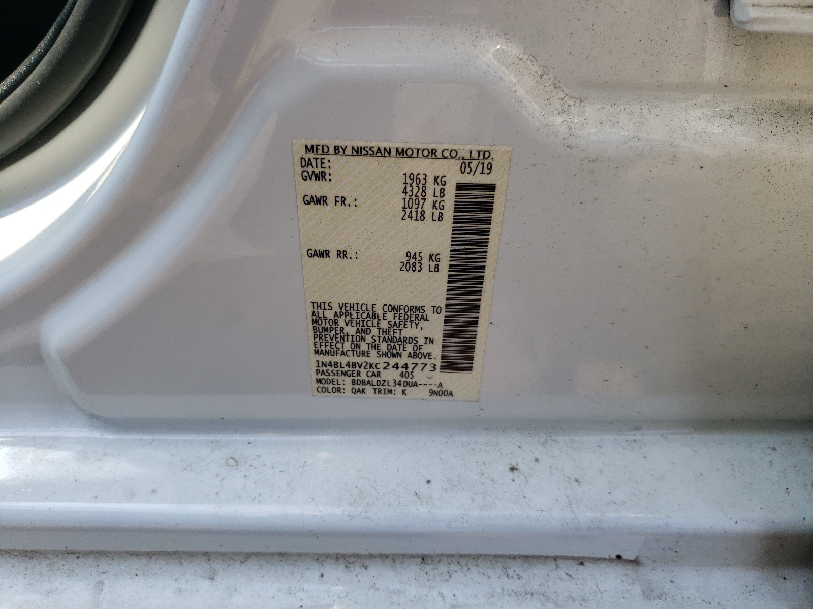 Photo 10 from auction – 2019 NISSAN ALTIMA S with VIN 1N4BL4BV2KC244773