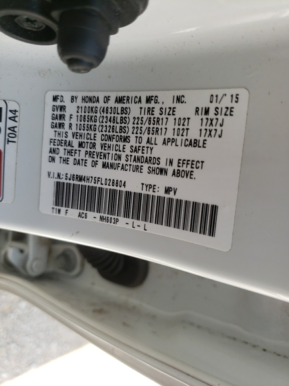 Photo 10 from auction – 2015 HONDA CR-V EXL with VIN 5J6RM4H75FL028804