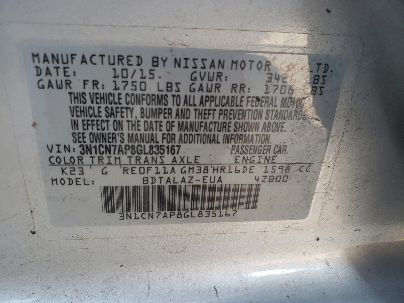 Photo 10 from auction – 2016 NISSAN VERSA S with VIN 3N1CN7AP8GL835167