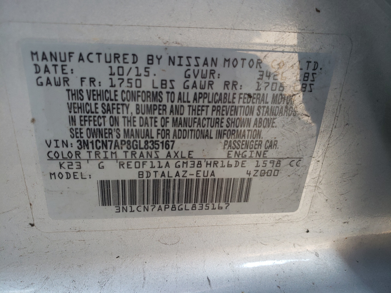 Zdjęcie 10 z aukcji – 2016 NISSAN VERSA S z VIN 3N1CN7AP8GL835167