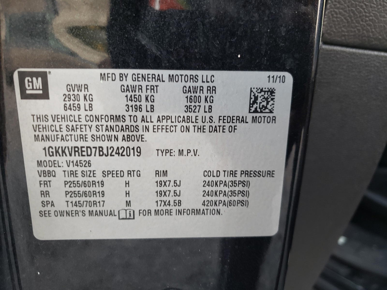 Photo 10 from auction – 2011 GMC ACADIA SLT with VIN 1GKKVRED7BJ242019