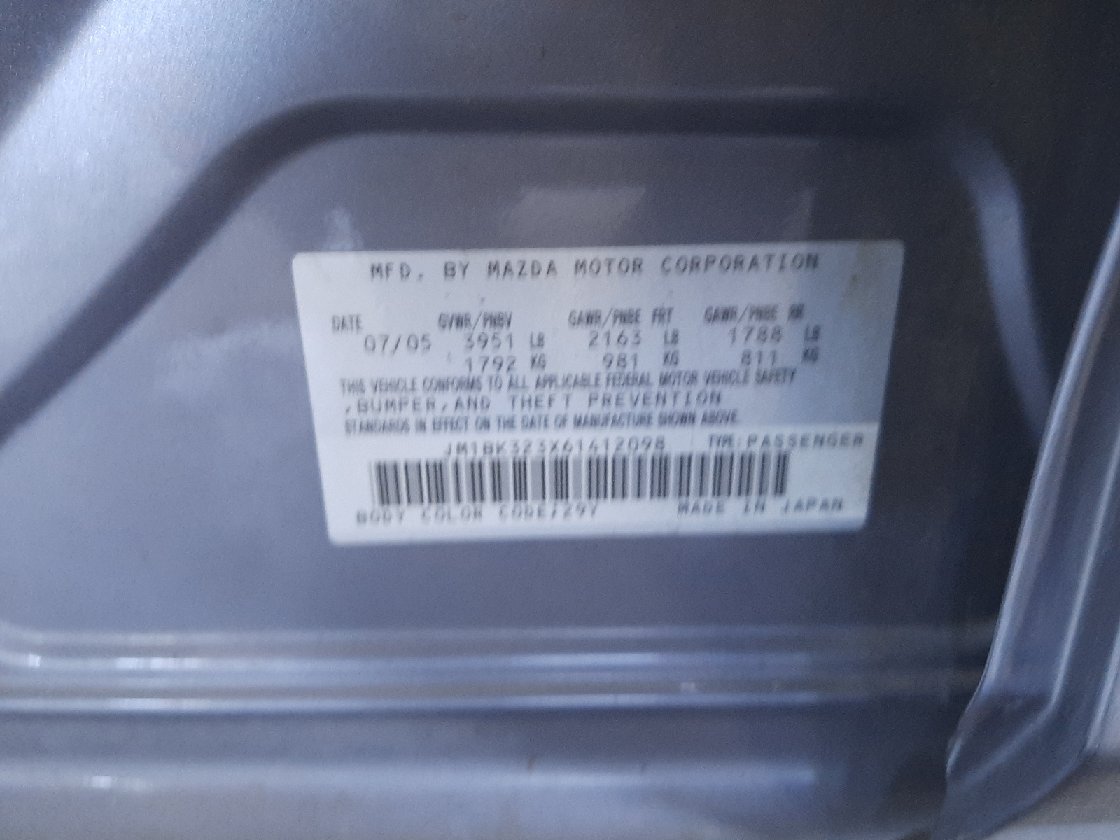 Zdjęcie 10 z aukcji – 2006 MAZDA 3 S z VIN JM1BK323X61412098