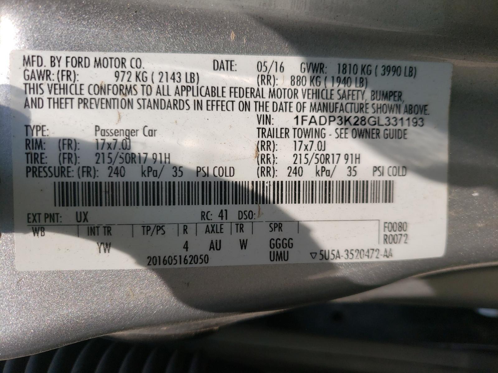 Photo 10 from auction – 2016 FORD FOCUS SE with VIN 1FADP3K28GL331193