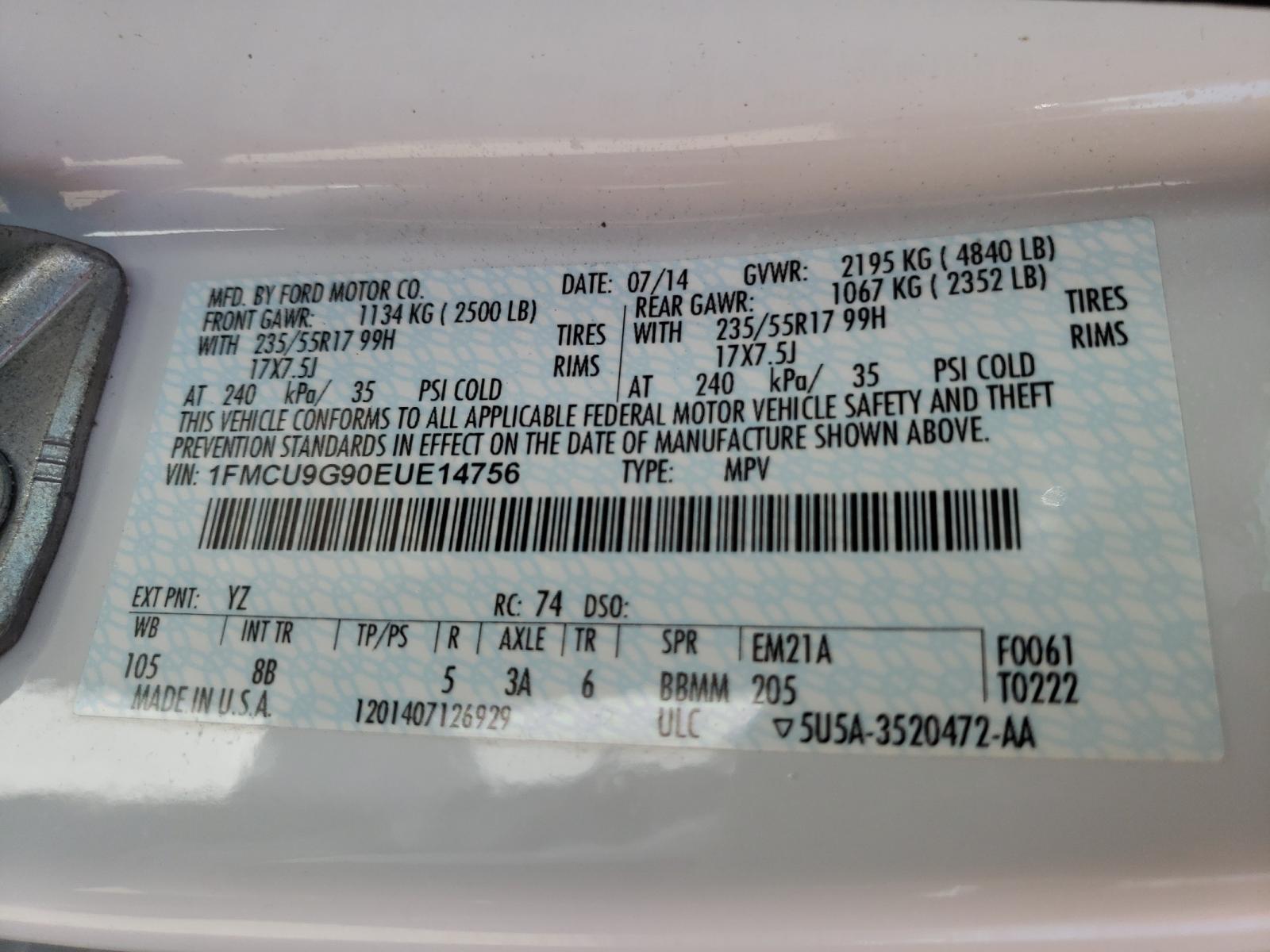 Photo 10 from auction – 2014 FORD ESCAPE SE with VIN 1FMCU9G90EUE14756