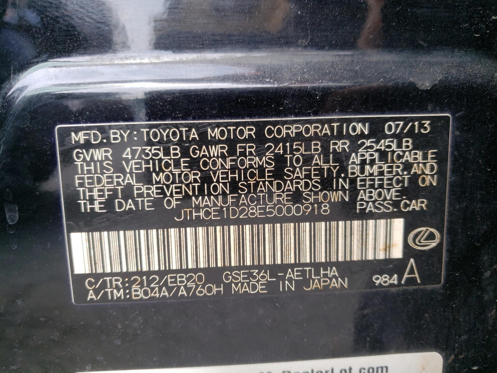 Photo 10 from auction – 2014 LEXUS IS 350 with VIN JTHCE1D28E5000918