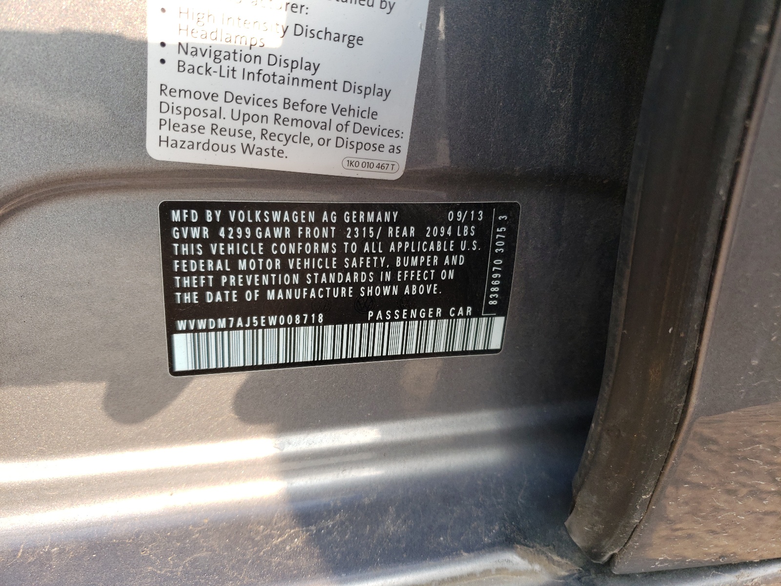 Photo 10 from auction – 2014 VOLKSWAGEN GOLF with VIN WVWDM7AJ5EW008718