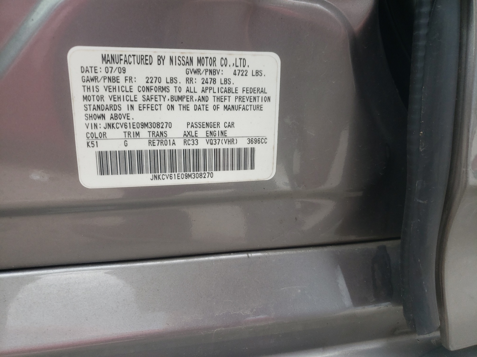Photo 10 from auction – 2009 INFINITI G37 BASE with VIN JNKCV61E09M308270