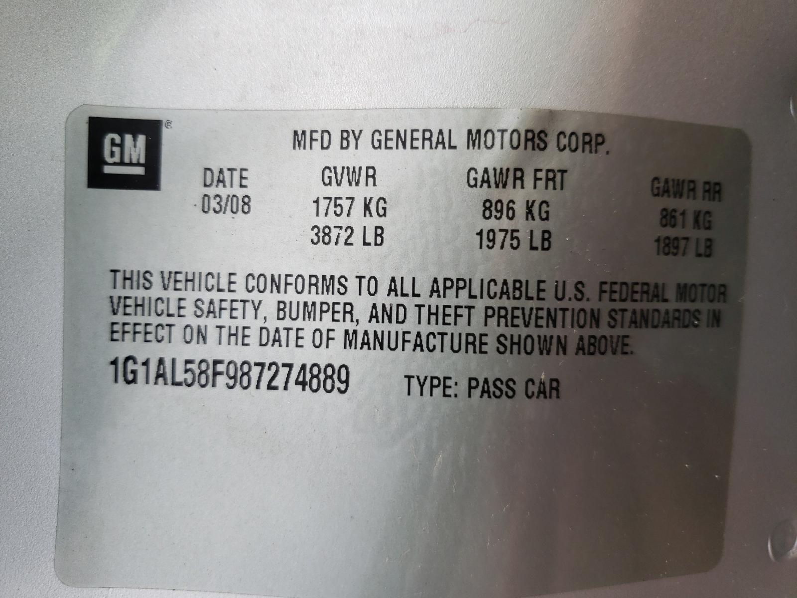 Photo 10 from auction – 2008 CHEVROLET COBALT LT with VIN 1G1AL58F987274889