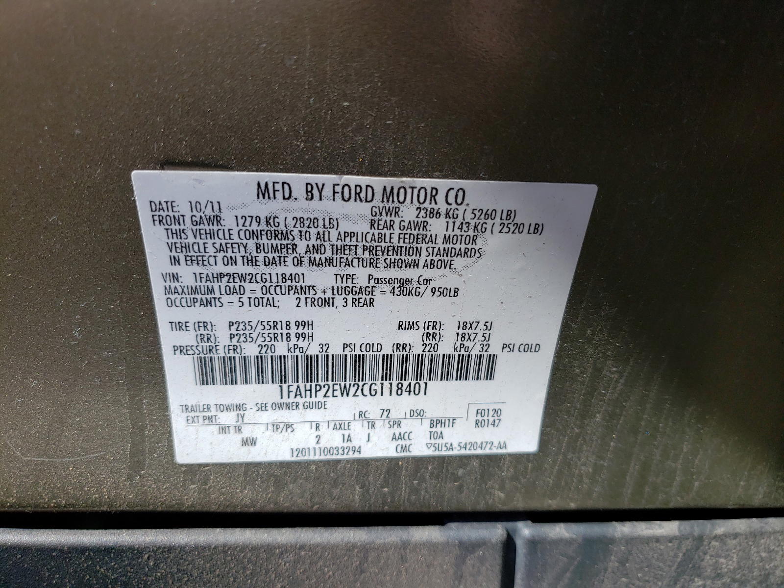 Photo 10 from auction – 2012 FORD TAURUS SEL with VIN 1FAHP2EW2CG118401