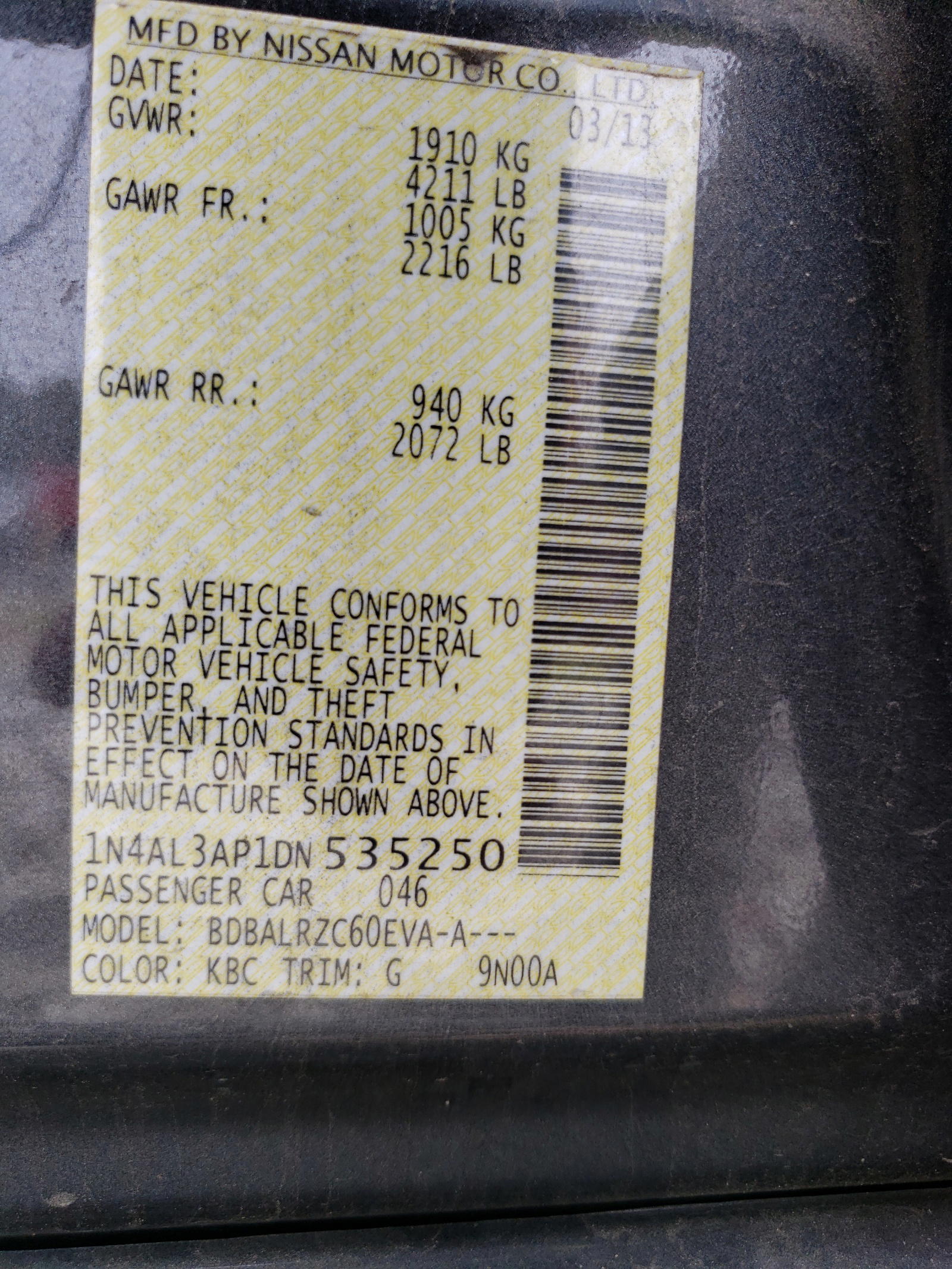 Photo 10 from auction – 2013 NISSAN ALTIMA 2.5 with VIN 1N4AL3AP1DN535250