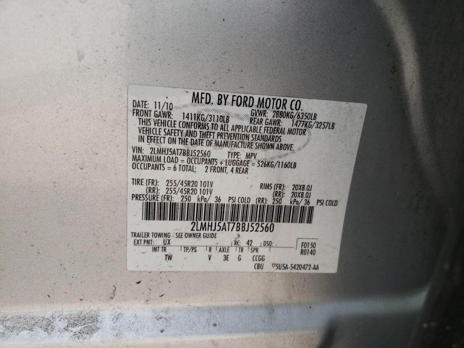 Photo 10 from auction – 2011 LINCOLN MKT with VIN 2LMHJ5AT7BBJ52560