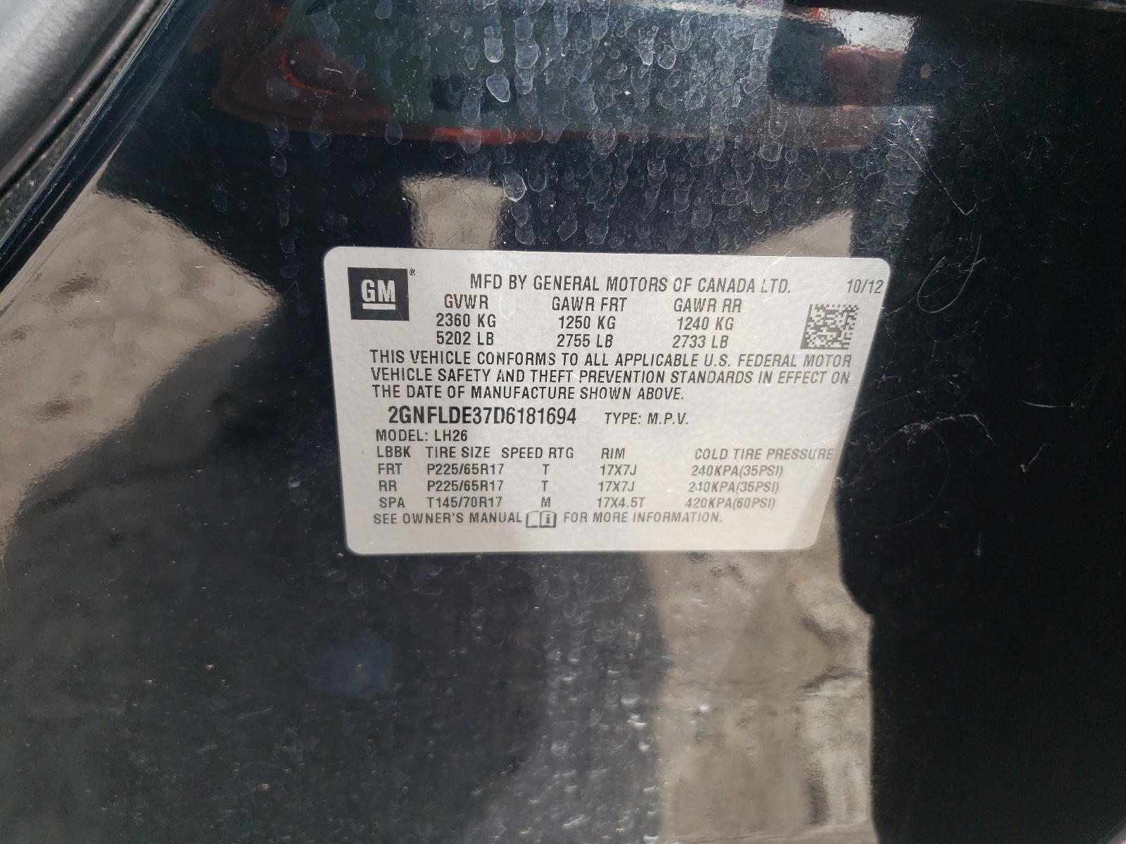 Photo 10 from auction – 2013 CHEVROLET EQUINOX LT with VIN 2GNFLDE37D6181694