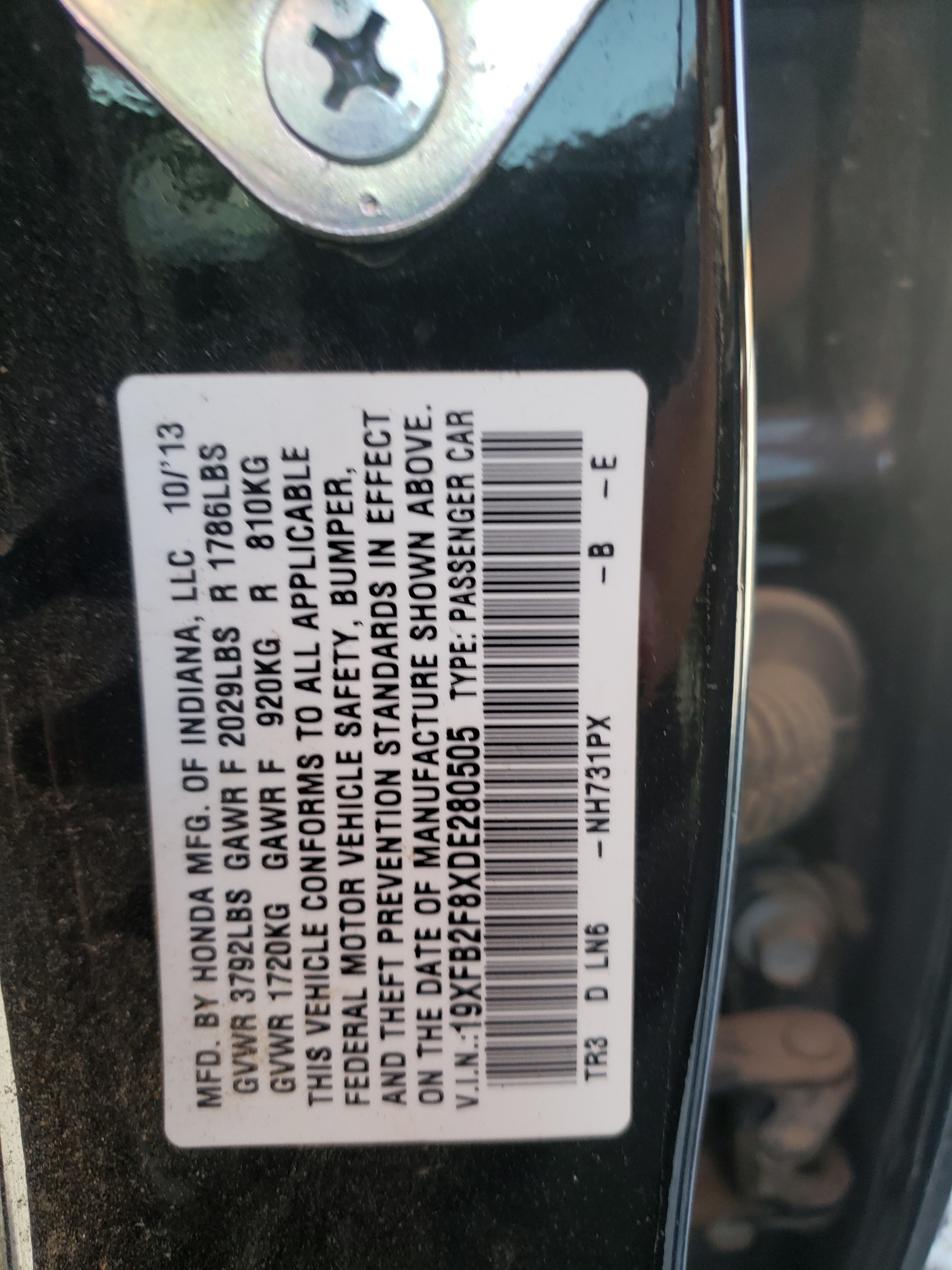 Photo 10 from auction – 2013 HONDA CIVIC EX with VIN 19XFB2F8XDE280505