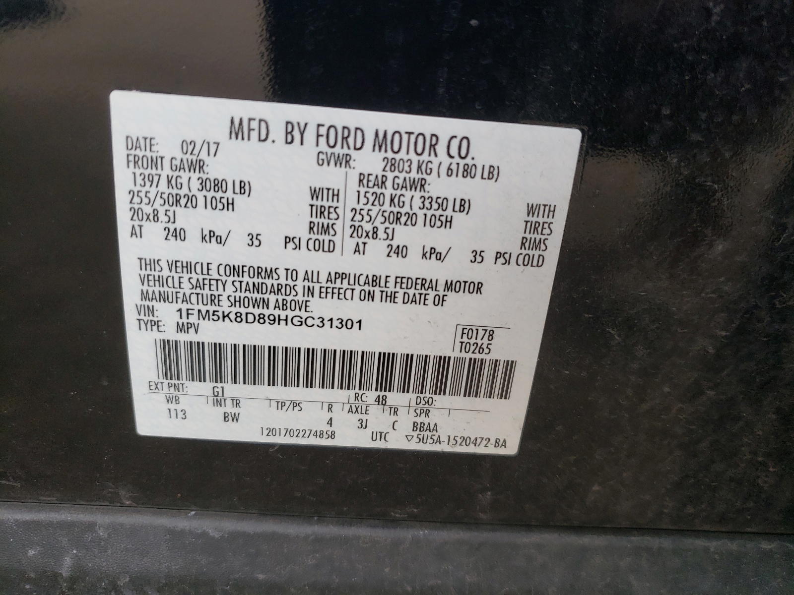 Photo 10 from auction – 2017 FORD EXPLORER X with VIN 1FM5K8D89HGC31301