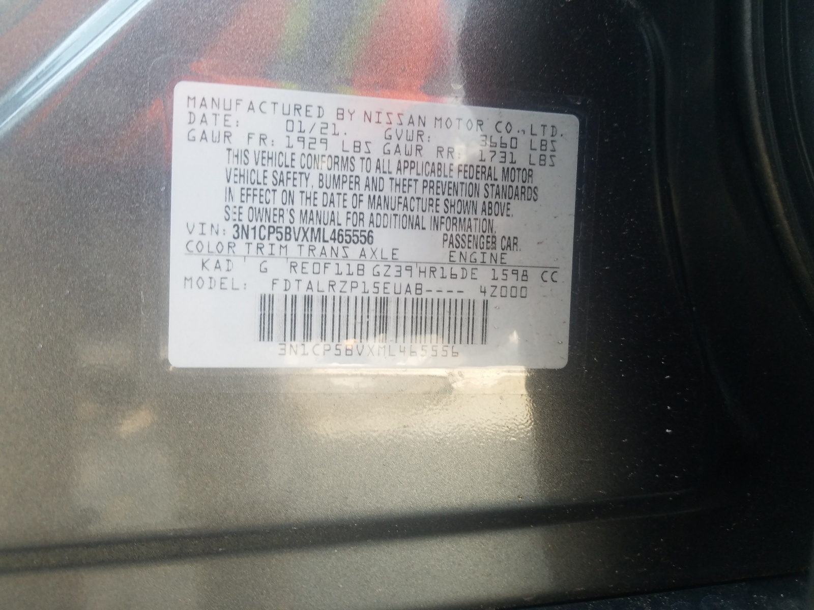 Photo 10 from auction – 2021 NISSAN KICKS S with VIN 3N1CP5BVXML465556