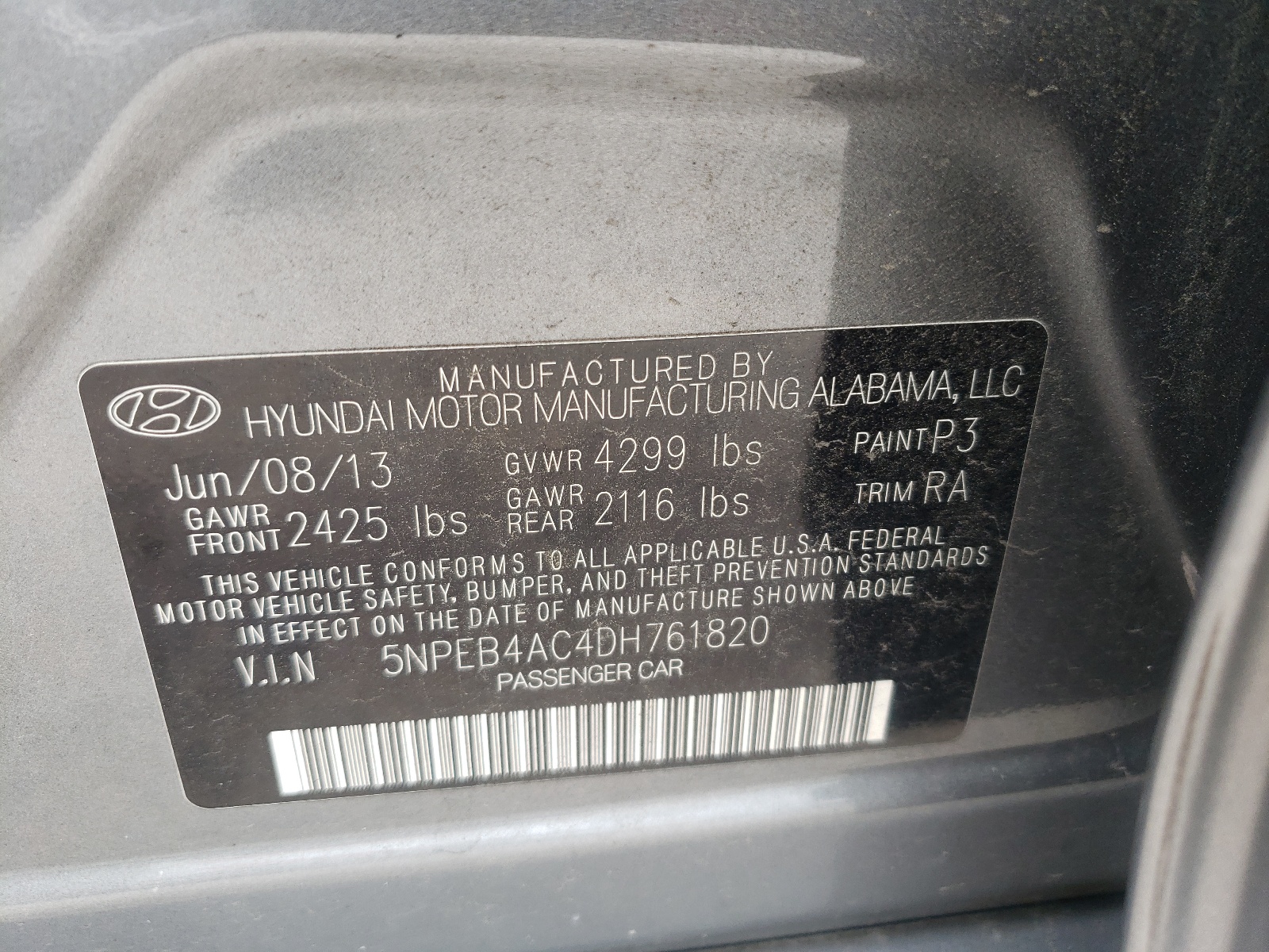 Photo 10 from auction – 2013 HYUNDAI SONATA GLS with VIN 5NPEB4AC4DH761820