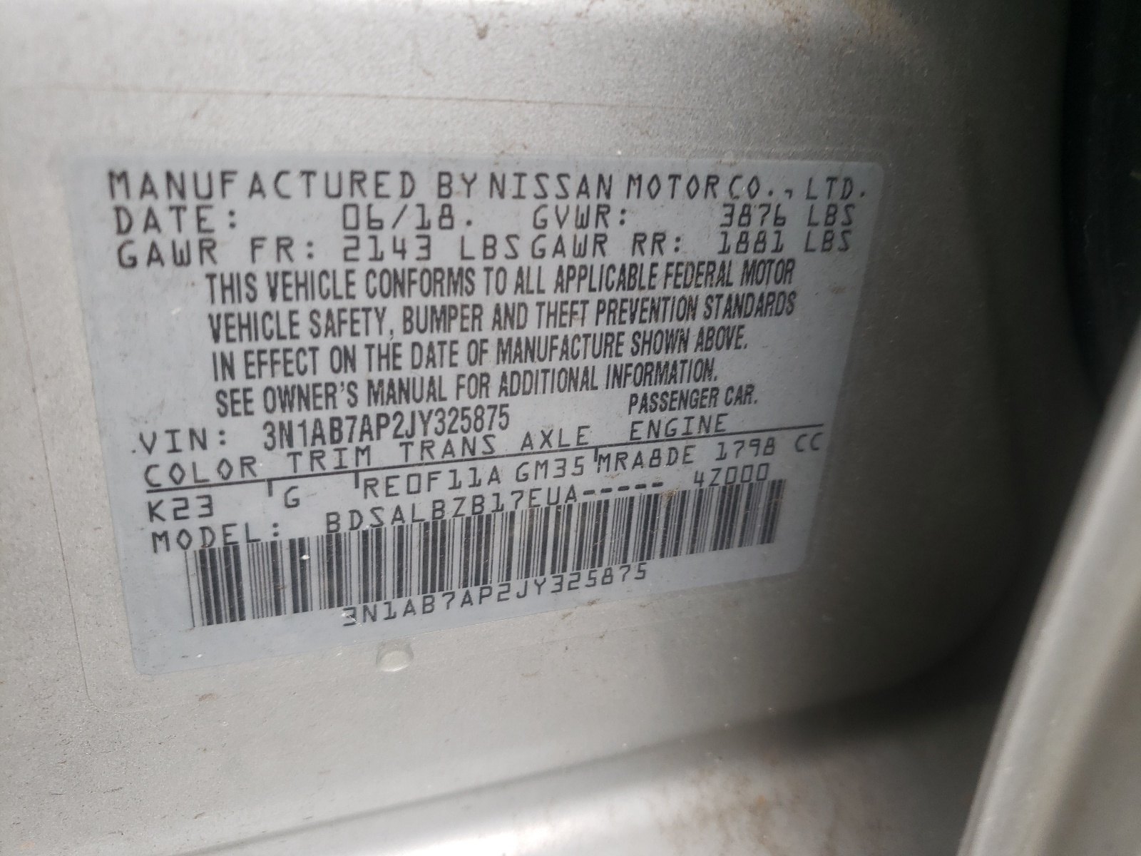 Photo 10 from auction – 2018 NISSAN SENTRA S with VIN 3N1AB7AP2JY325875