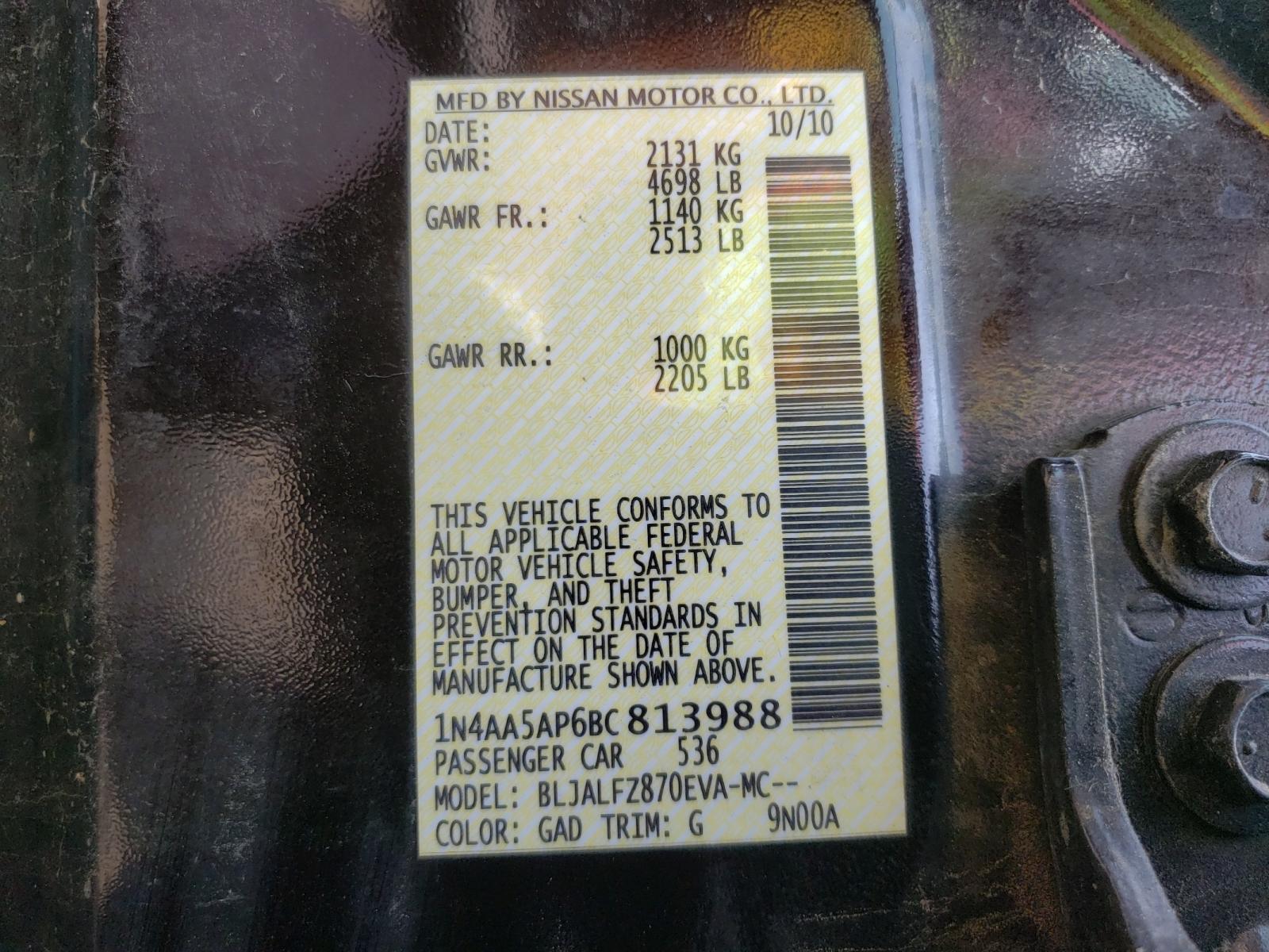 Photo 10 from auction – 2011 NISSAN MAXIMA S with VIN 1N4AA5AP6BC813988