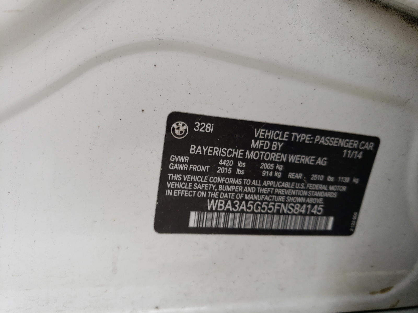 Photo 10 from auction – 2015 BMW 328 I with VIN WBA3A5G55FNS84145