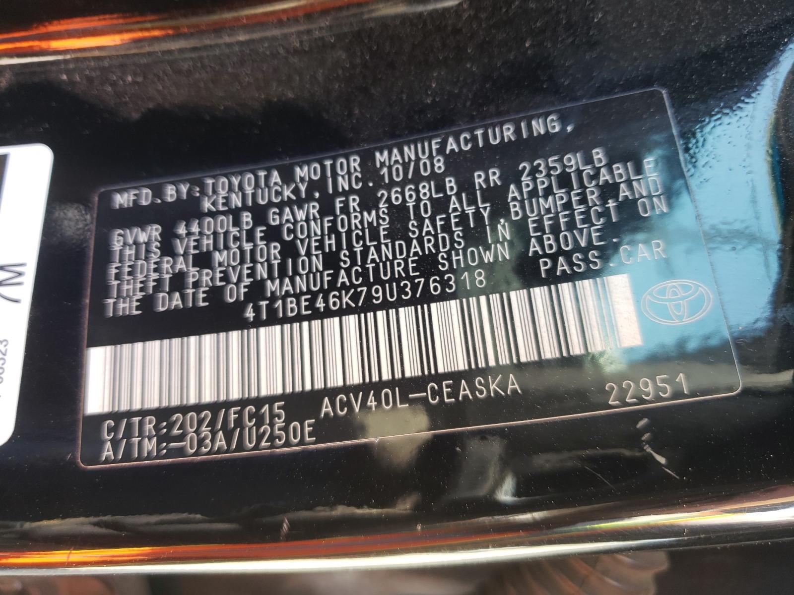 Photo 10 from auction – 2009 TOYOTA CAMRY with VIN 4T1BE46K79U376318