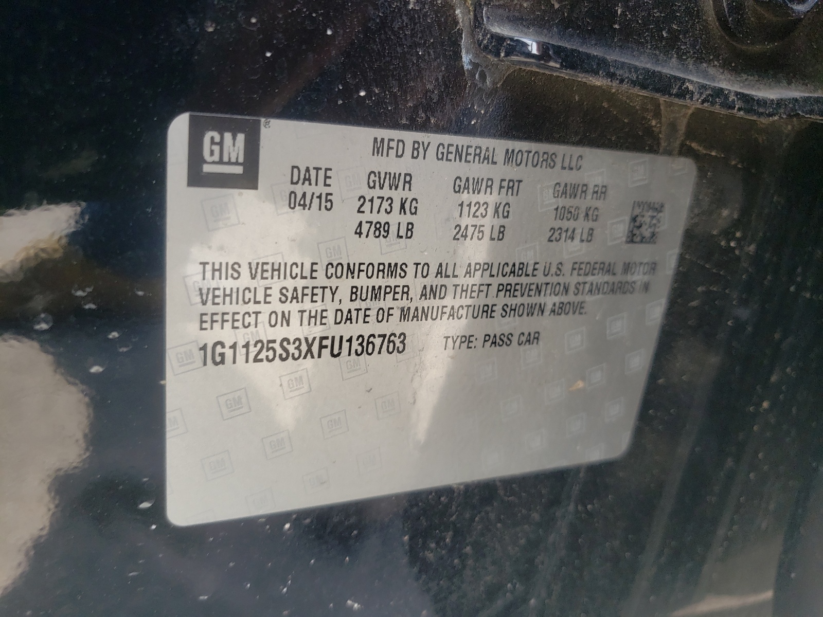 Photo 10 from auction – 2015 CHEVROLET IMPALA LT with VIN 1G1125S3XFU136763