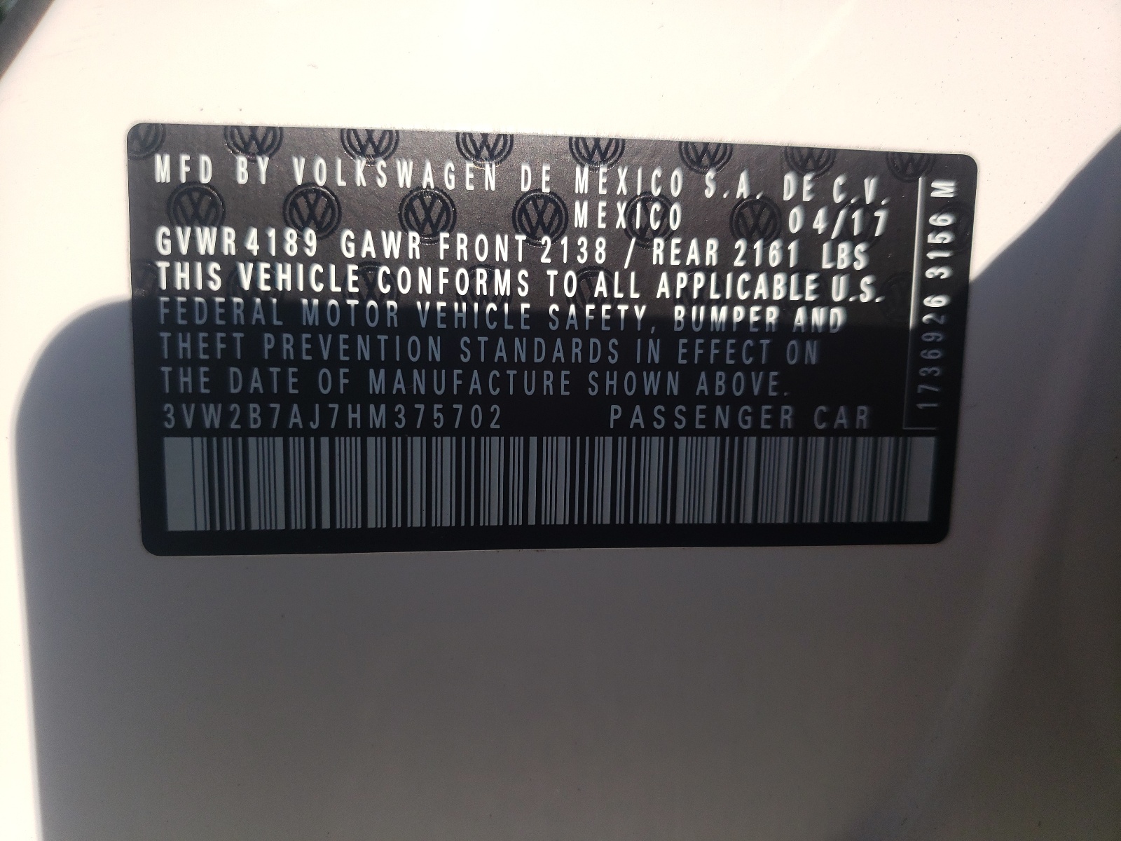 Photo 10 from auction – 2017 VOLKSWAGEN JETTA S with VIN 3VW2B7AJ7HM375702
