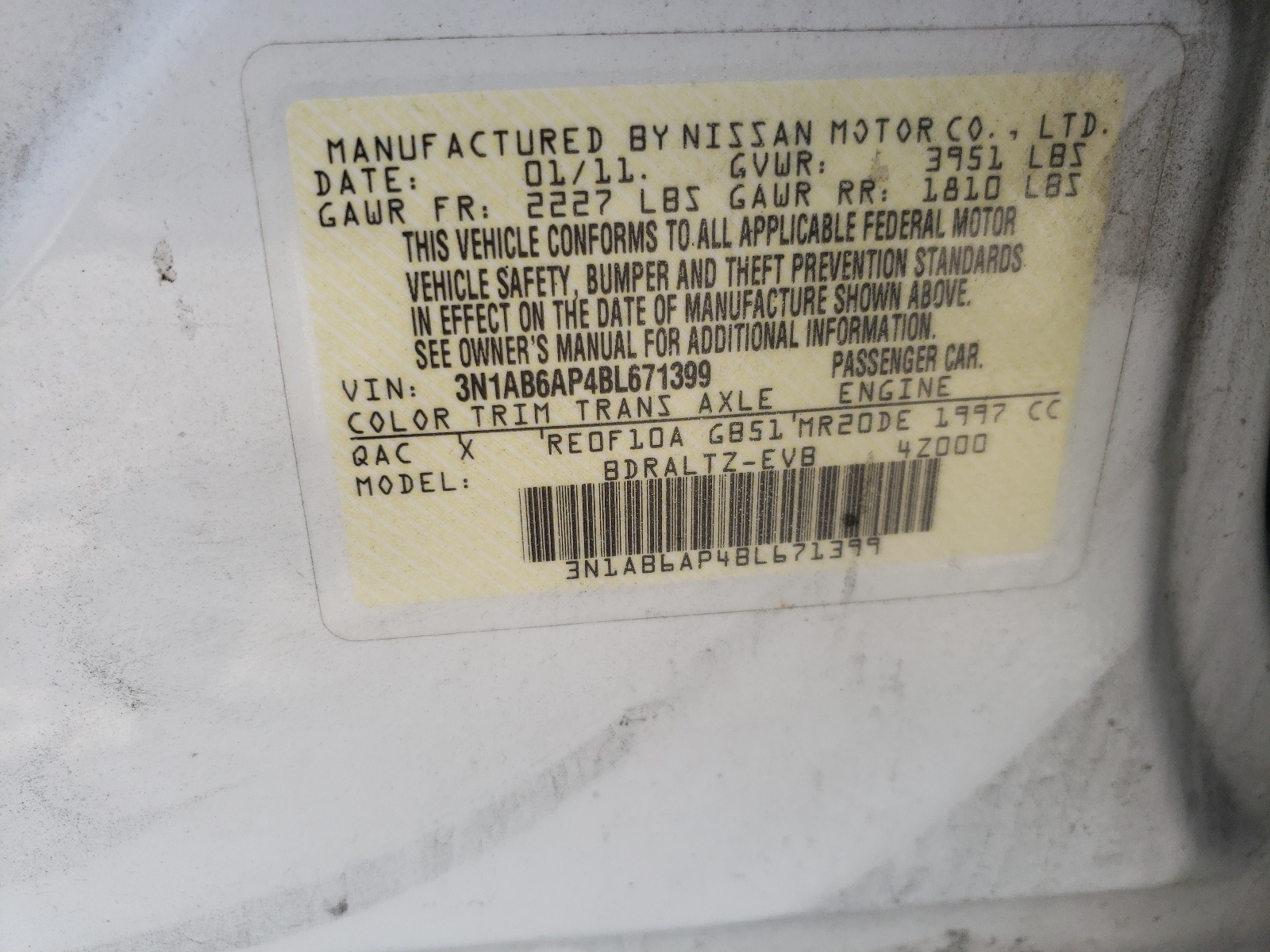 Photo 10 from auction – 2011 NISSAN SENTRA 2.0 with VIN 3N1AB6AP4BL671399