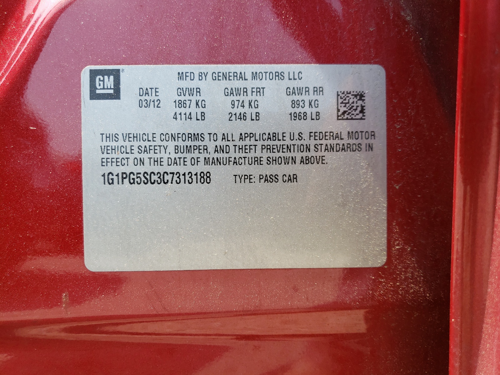 Photo 10 from auction – 2012 CHEVROLET CRUZE LT with VIN 1G1PG5SC3C7313188