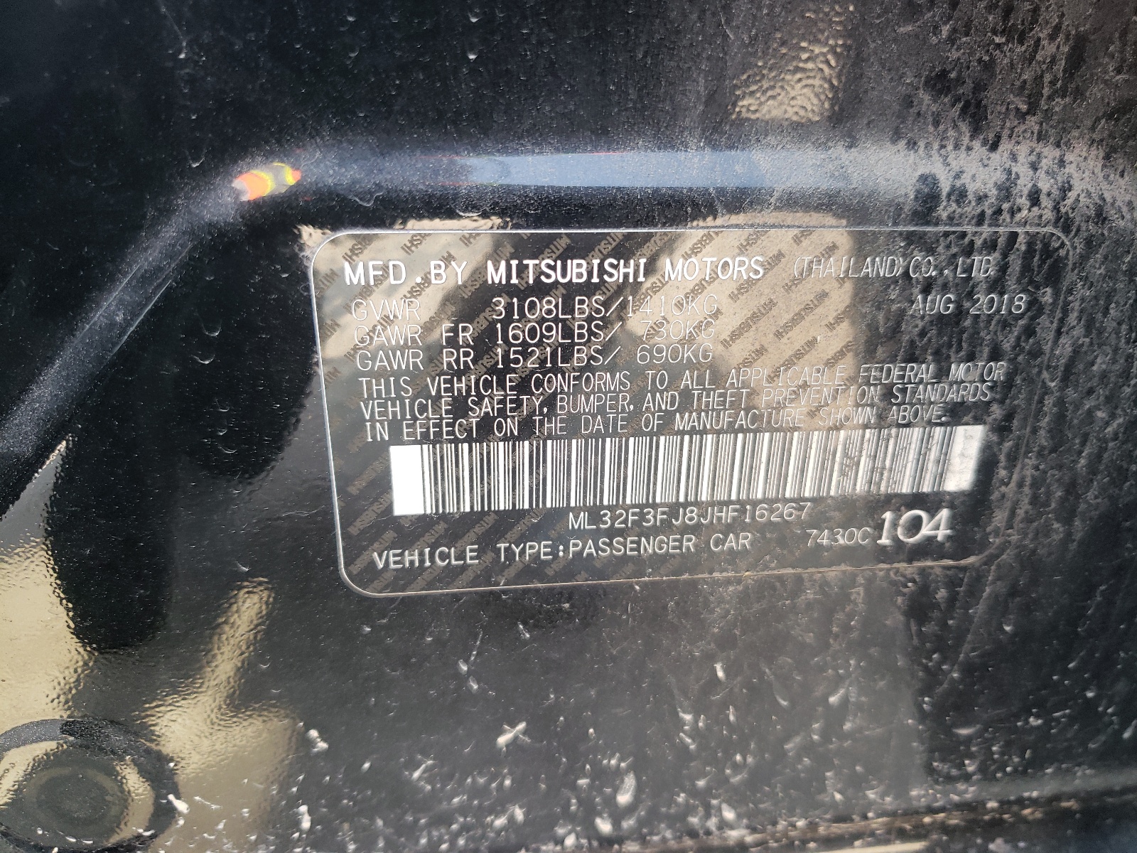 Photo 10 from auction – 2018 MITSUBISHI MIRAGE G4 with VIN ML32F3FJ8JHF16267
