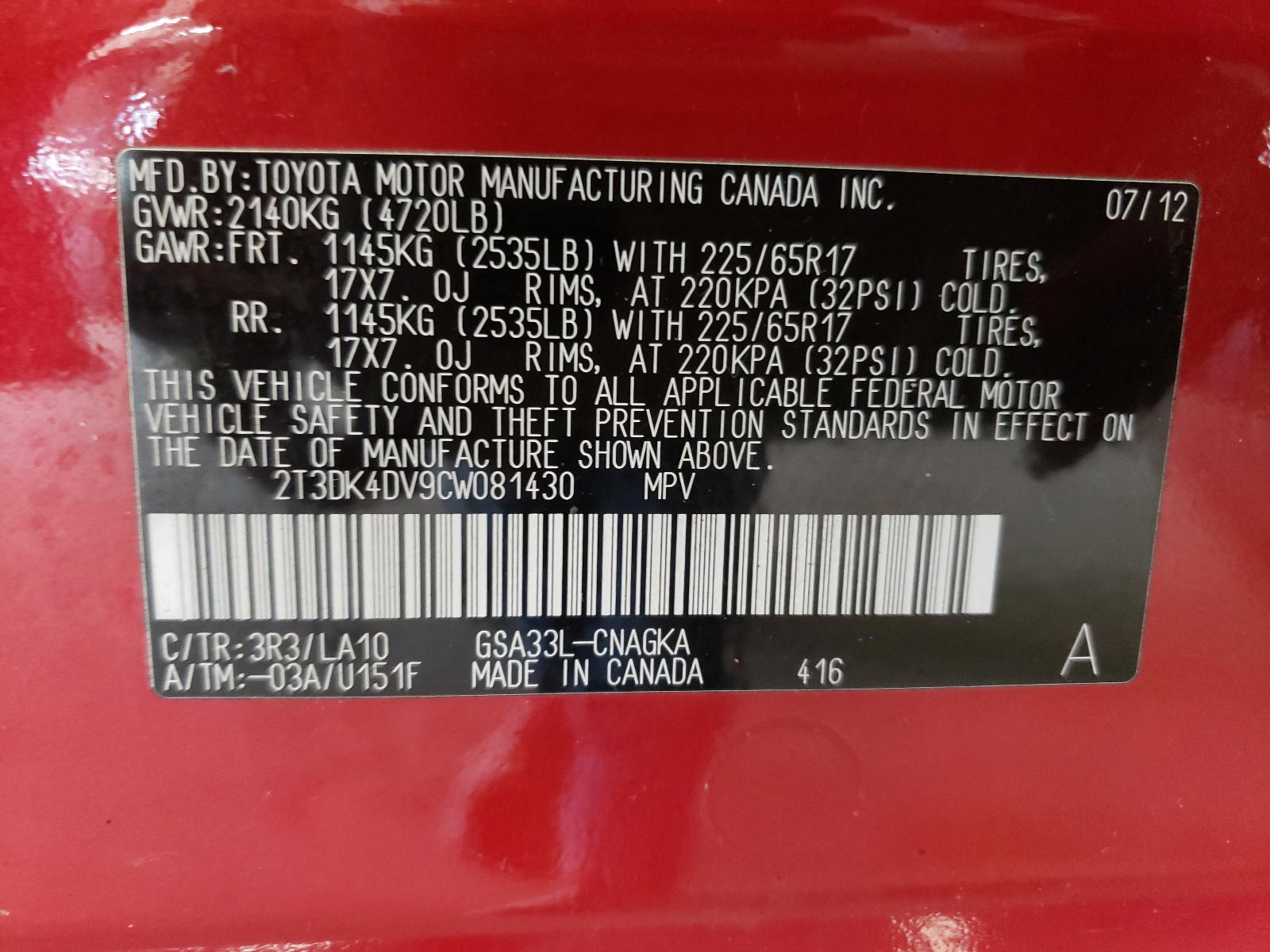 Photo 10 from auction – 2012 TOYOTA RAV4 LIMIT with VIN 2T3DK4DV9CW081430