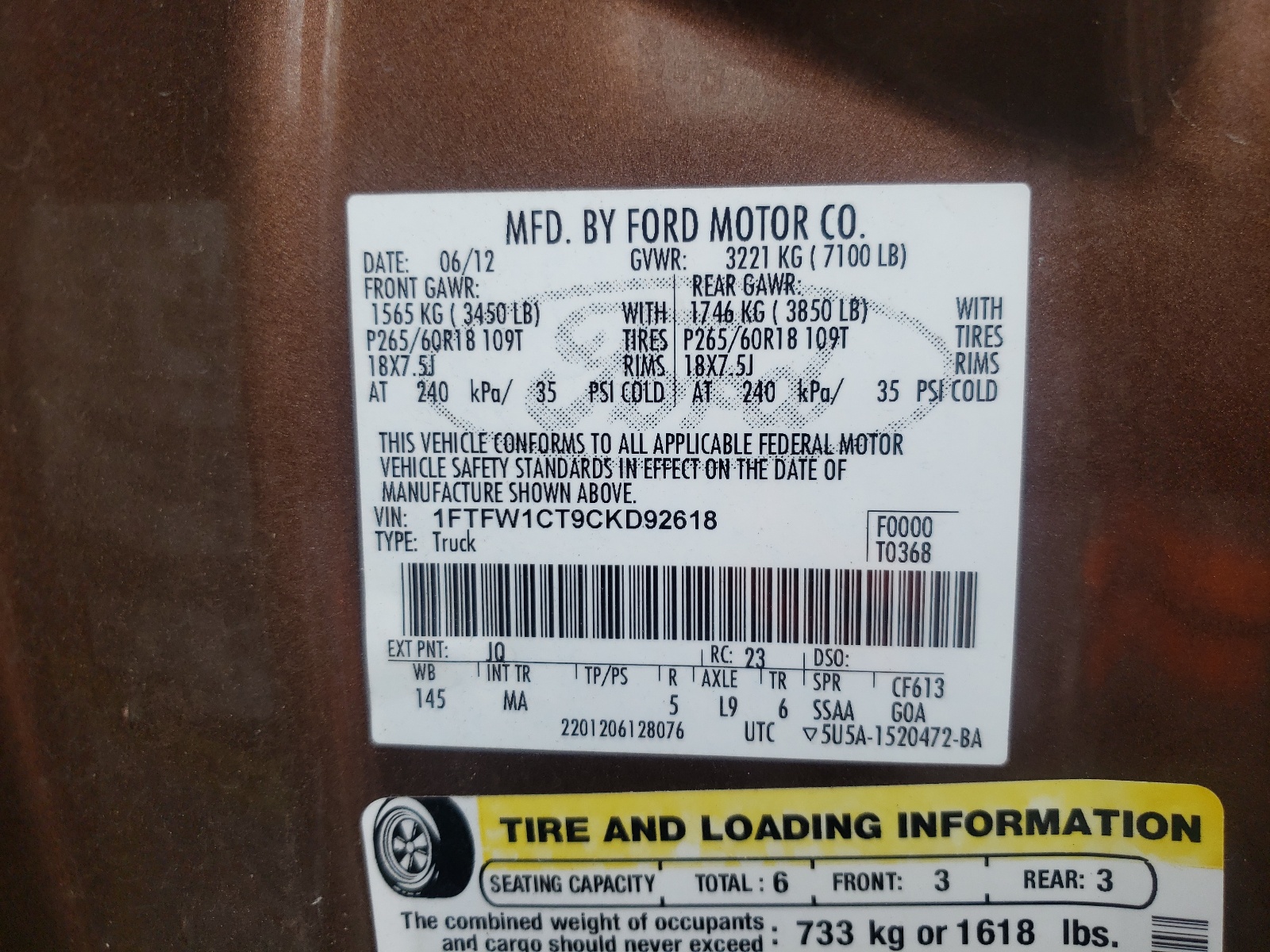 Photo 10 from auction – 2012 FORD F150 SUPER with VIN 1FTFW1CT9CKD92618
