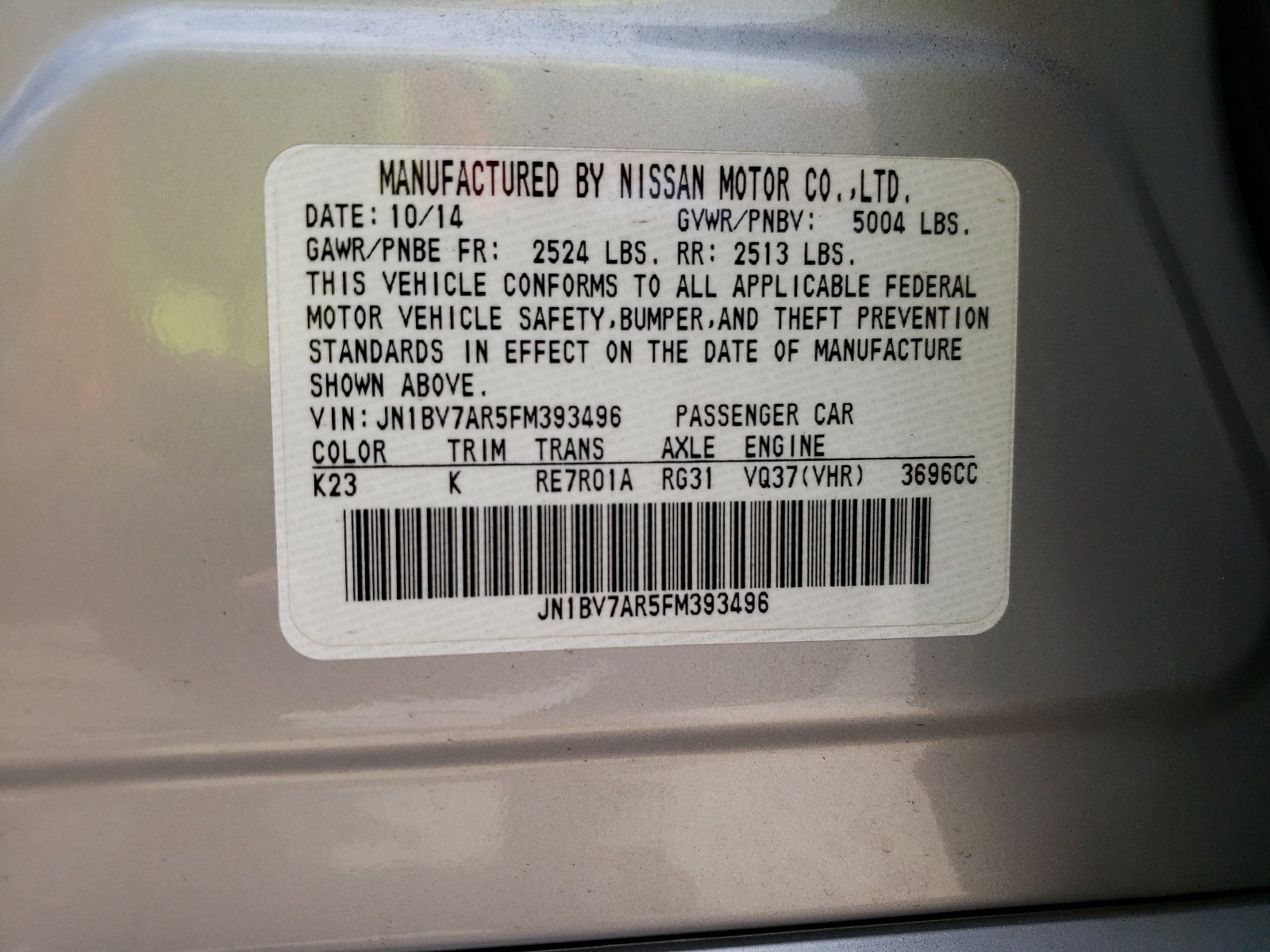 Photo 10 from auction – 2015 INFINITI Q50 BASE with VIN JN1BV7AR5FM393496