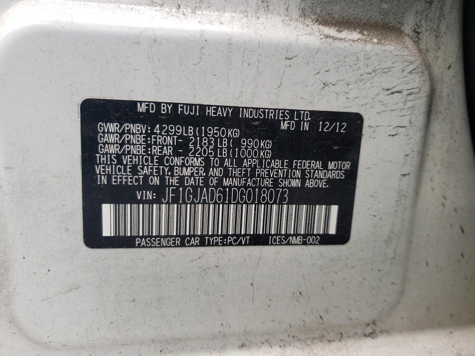 Photo 10 from auction – 2013 SUBARU IMPREZA PR with VIN JF1GJAD61DG018073