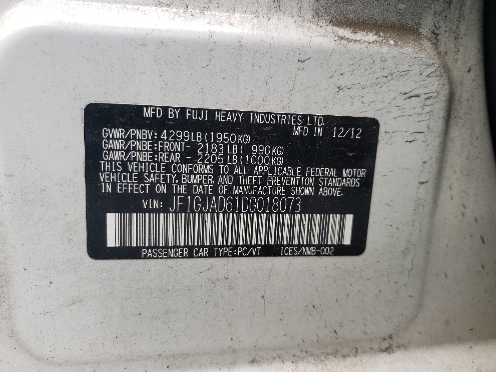 Фото 10 с аукциона – 2013 SUBARU IMPREZA PR с VIN JF1GJAD61DG018073