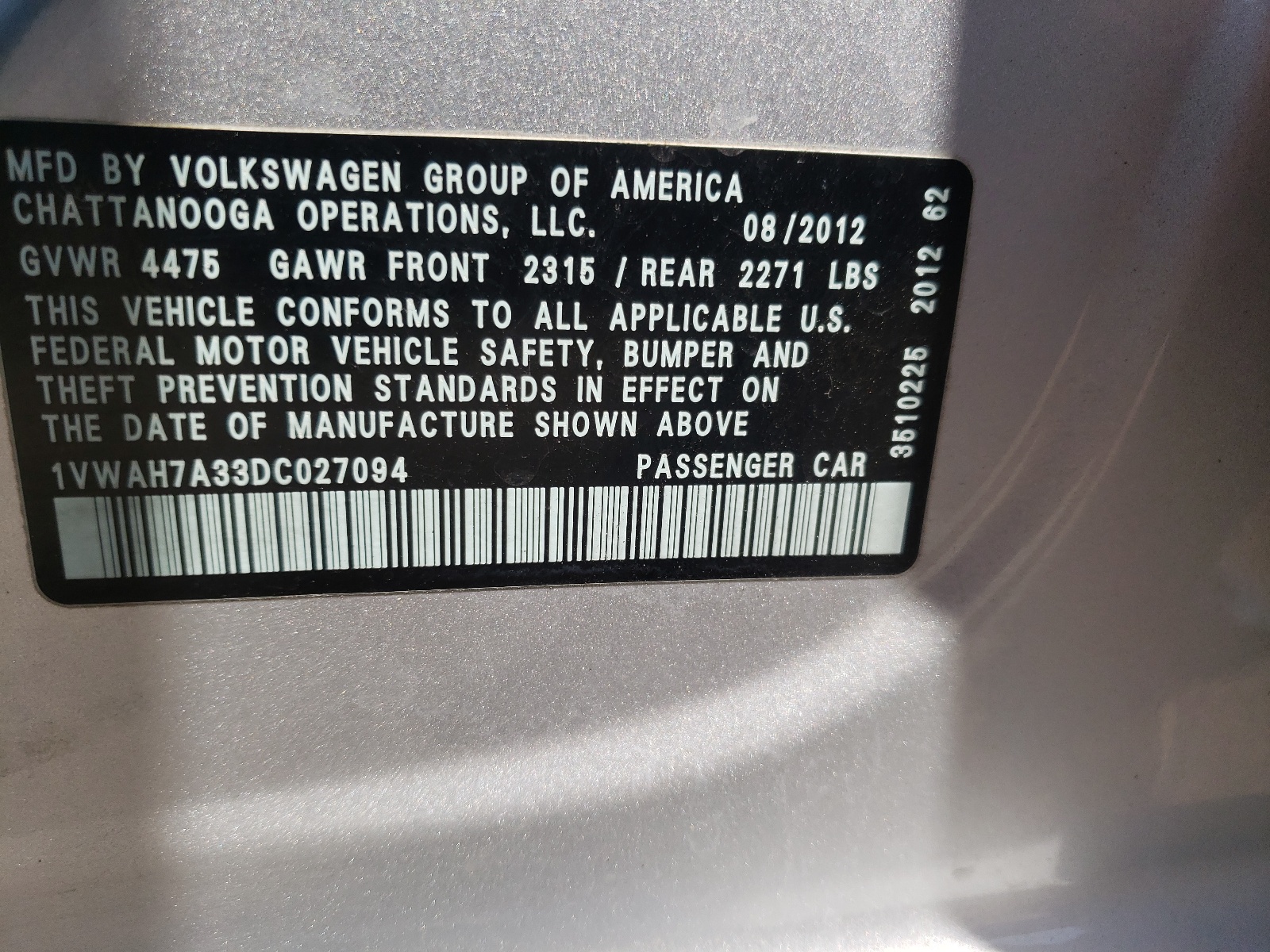 Photo 10 from auction – 2013 VOLKSWAGEN PASSAT S with VIN 1VWAH7A33DC027094