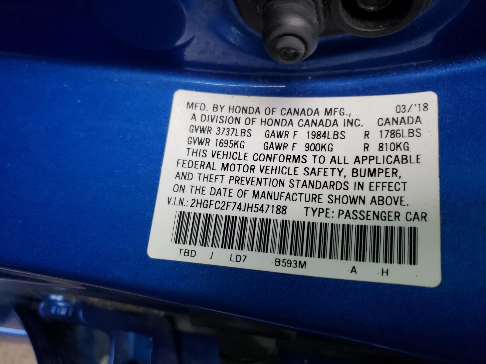 Photo 10 from auction – 2018 HONDA CIVIC EX with VIN 2HGFC2F74JH547188