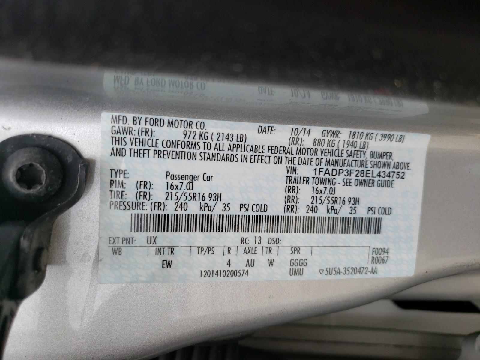 Photo 10 from auction – 2014 FORD FOCUS SE with VIN 1FADP3F28EL434752