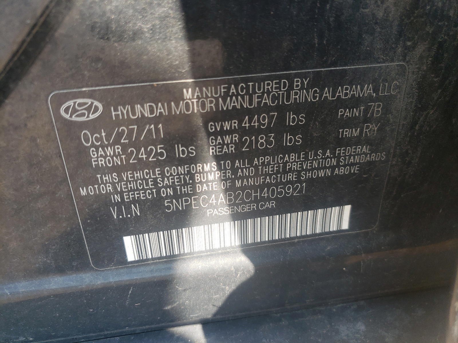 Photo 10 from auction – 2012 HYUNDAI SONATA SE with VIN 5NPEC4AB2CH405921