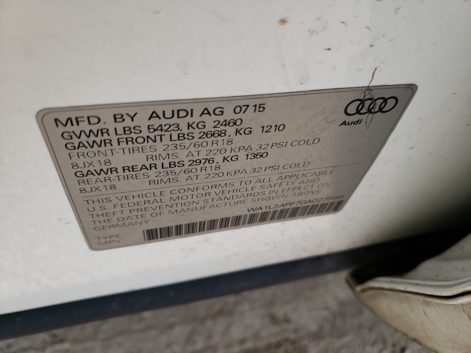 Photo 10 from auction – 2016 AUDI Q5 PREMIUM with VIN WA1L2AFP7GA023999