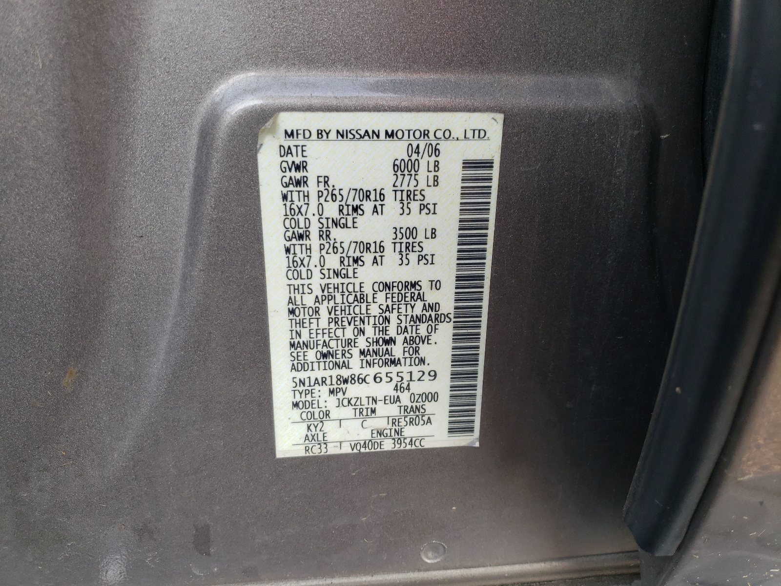 Photo 10 from auction – 2006 NISSAN PATHFINDER with VIN 5N1AR18W86C655129