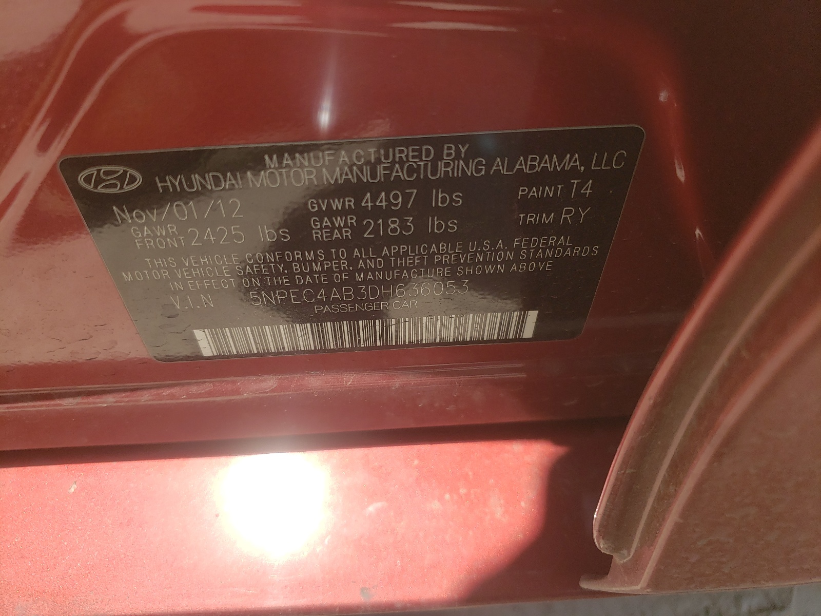 Photo 10 from auction – 2013 HYUNDAI SONATA SE with VIN 5NPEC4AB3DH636053