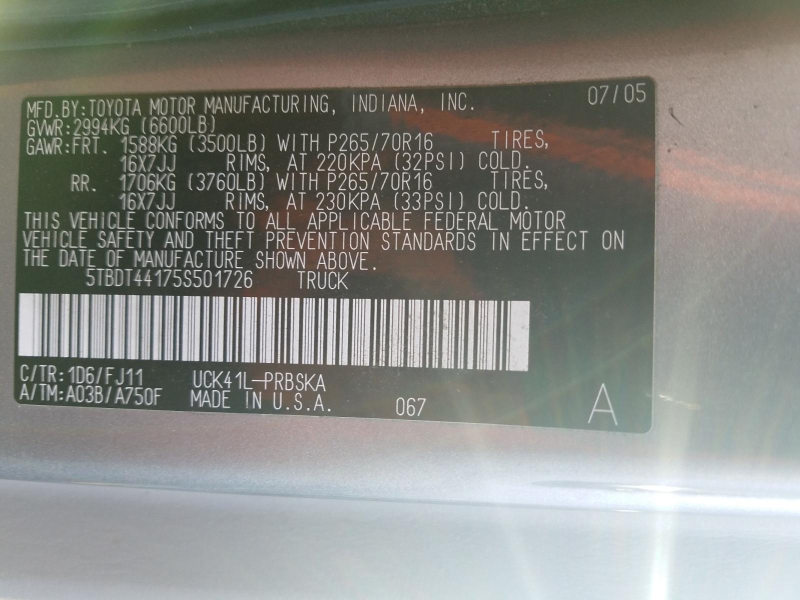 Photo 10 from auction – 2005 TOYOTA TUNDRA DOU with VIN 5TBDT44175S501726