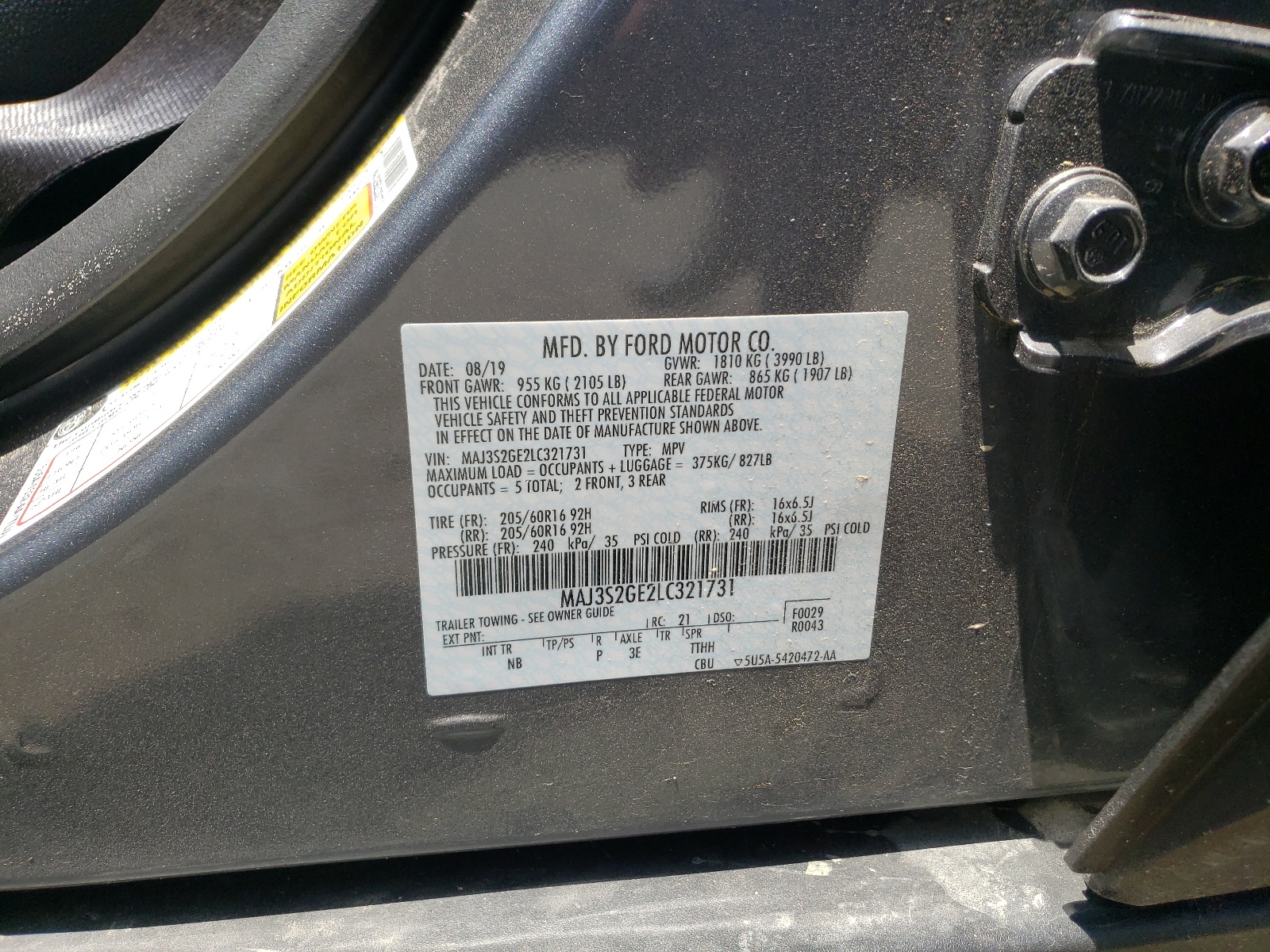 Photo 10 from auction – 2020 FORD ECOSPORT S with VIN MAJ3S2GE2LC321731