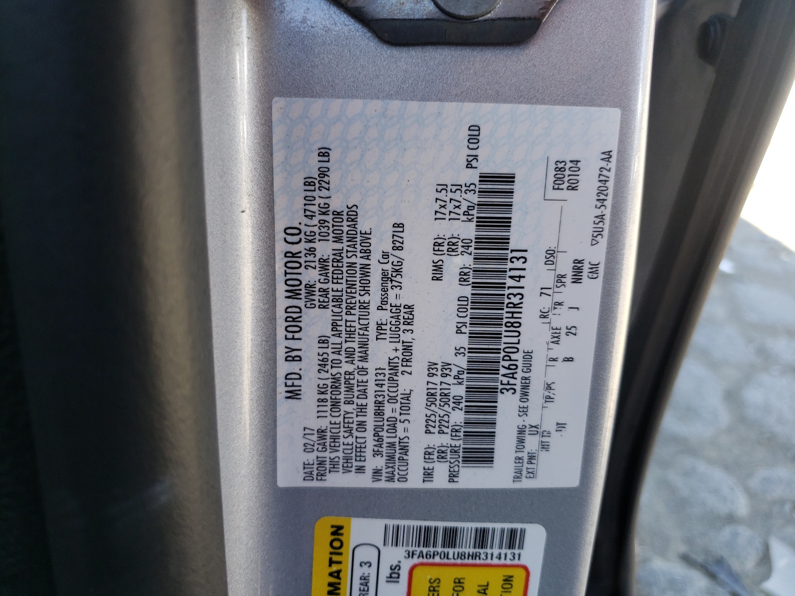 Photo 10 from auction – 2017 FORD FUSION SE with VIN 3FA6P0LU8HR314131