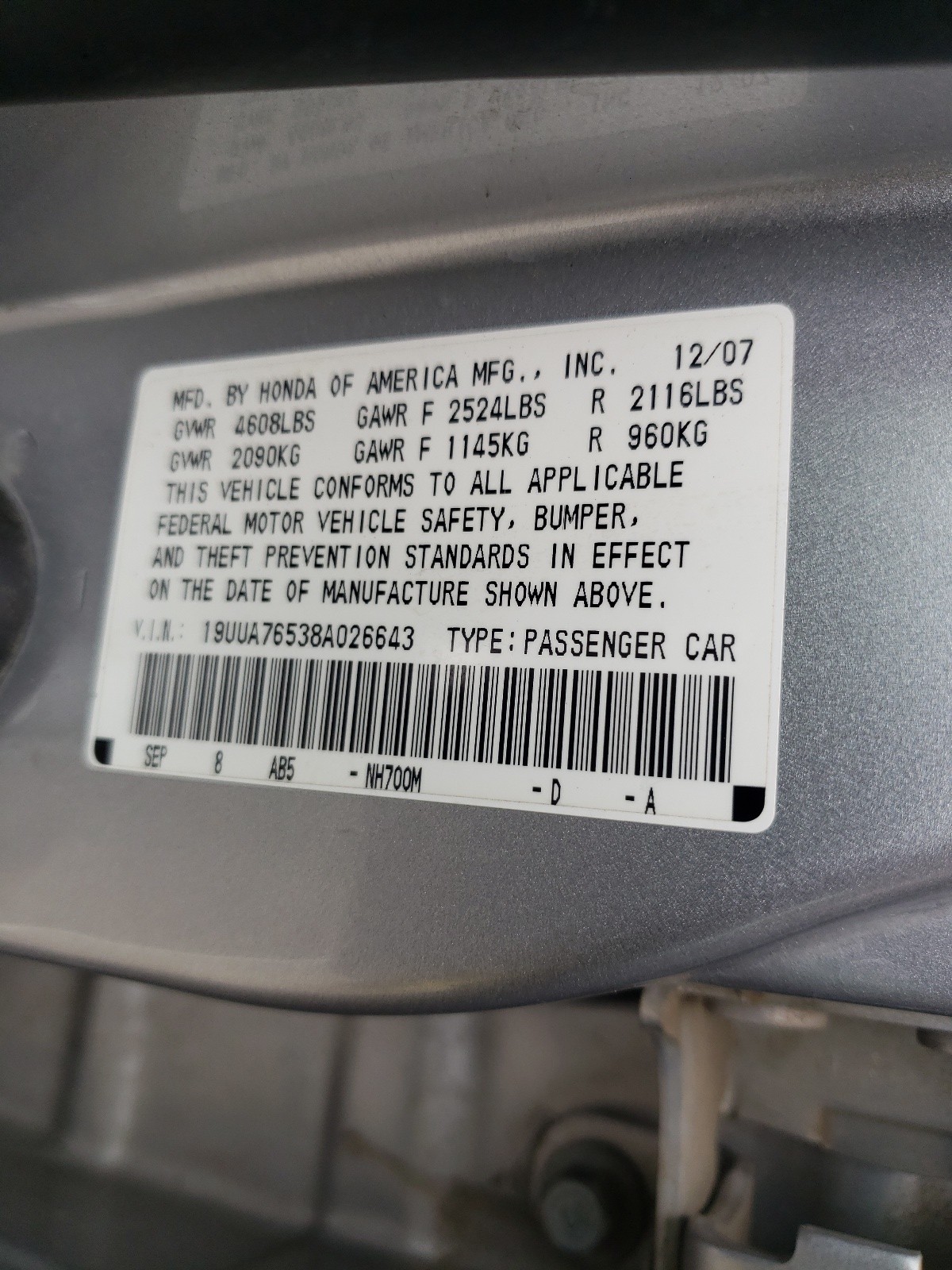 Photo 10 from auction – 2008 ACURA TL TYPE S with VIN 19UUA76538A026643